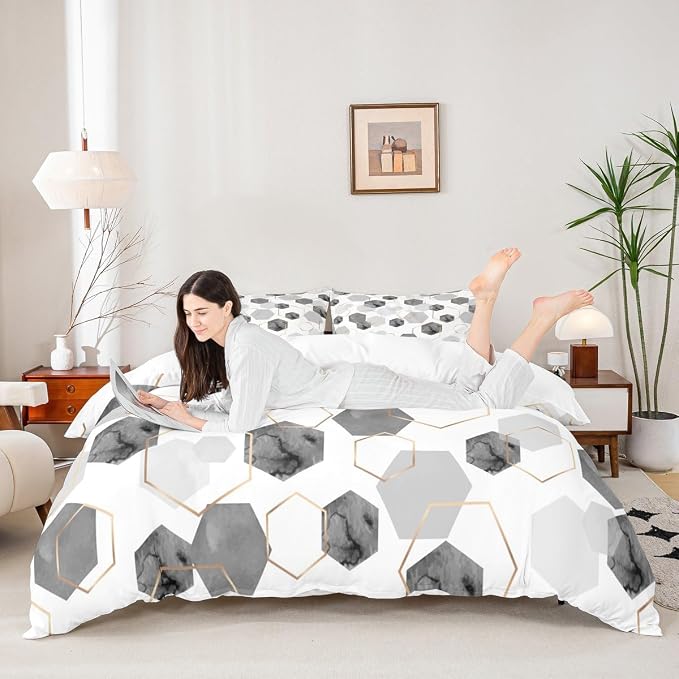 Erosebridal Grey Modern Duvet Cover Twin - Marble Geometric Minimalist Bedding Set, Fresh Abstract Geometric Art Decor Bed Set for Boys Girls Watercolor Hexagon Bed Cover with 1 Pillowcase