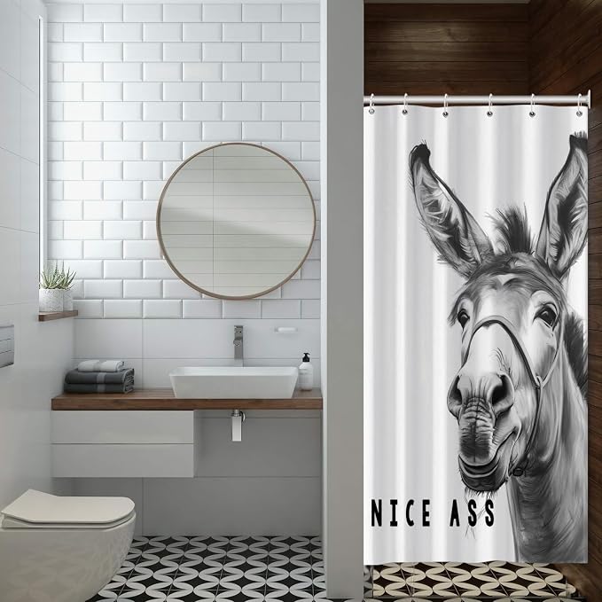 Funny Donkey Shower Curtains Joke Hilarious Animal Bathroom Curtain Rustic Farmhouse Cute Donkey White Shower Curtain Sets for Bathroom Extra Long 54x72 in with 10 Hooks