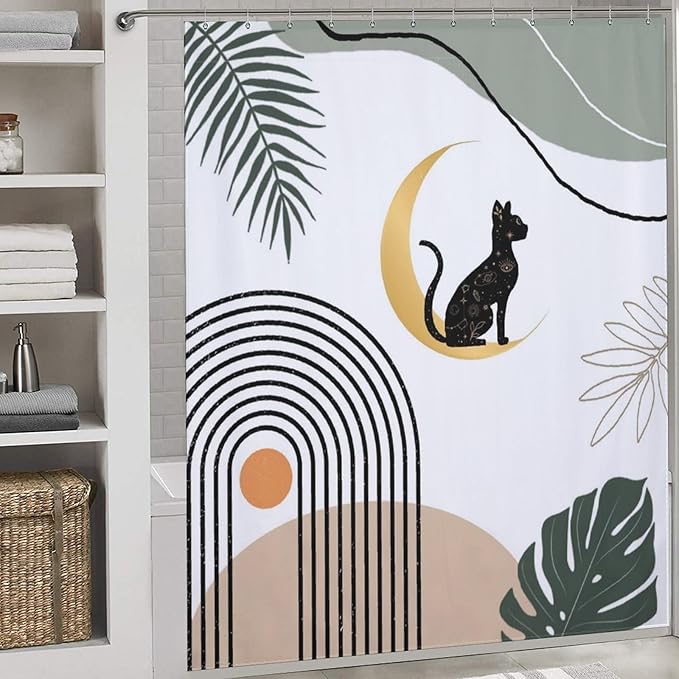 Boho Black Cat Shower Curtain Abstract Mid Century Modern Moon Green Leaf Geometric Mystic Waterproof Shower Curtains for Bathroom Decor 12 Pack Hooks 72x72in (183x183cm)