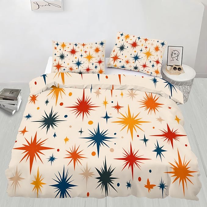 Retro Atomic Duvet Cover Oversized King, Vintage 50s Mid Century Bedding Set 3 Piece Bedroom Decor Abstract Star Patterned Comforter Cover with Zipper Ties & 2 Pillowcases