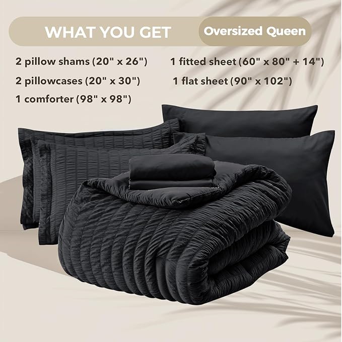 HYMOKEGE Black Oversized Queen Comforter Set Seersucker 7 Pieces, All Season Luxury Bed in a Bag for Bedroom, Bedding Set with Comforter, Sheets, Pillowcases & Shams