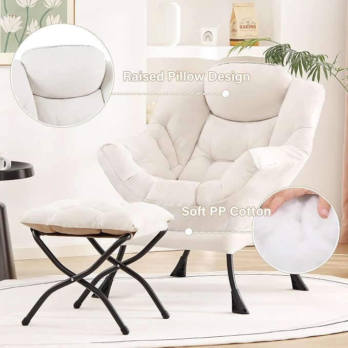 Tiita Lazy Chair with Ottoman, Beige Modern Large Accent Chair, Comfy Leisure Sofa Armchair with Ottoman, Reading Chair with Footrest for Bedroom, Living Room, Dorm Rooms, Beige