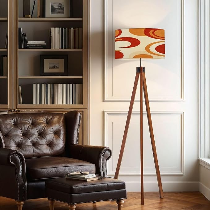 Wood Tripod Floor Lamp Wavy Swirl Psychedelic Groovy 70s 1970s Style Mid Century Orange Retro Mid Century Standing Lamp Linen Shade Dimmable Modern Tall lamp Home Decor for Living Room Bedroom Office