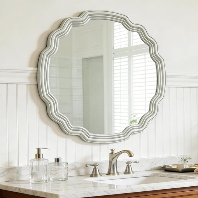 Sliver Scalloped Mirrors Round Mirrors for Wall Decor Wavy Mirror 25.6 Inch for Living Room Bedroom Hallway Dining Room