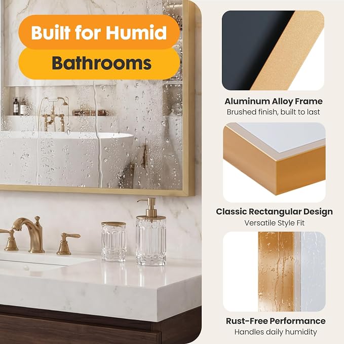Sweetcrispy Bathroom Mirror for Over Sink, 30" x 36" Rectangle Wall Mount Mirrors with Metal Frame, Modern Vanity Mirror with Tempered Glass, for Home Decor, Anti-Rust, Gold