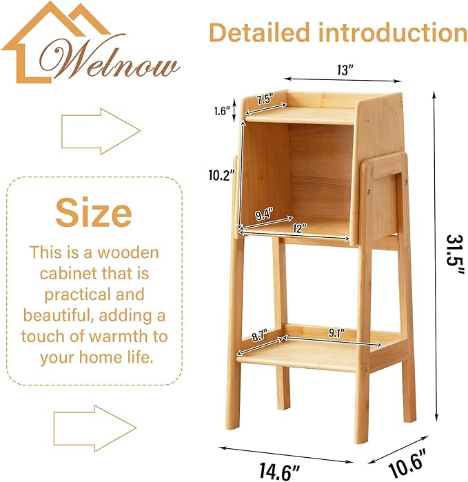 Welnow Bamboo Bookcase with Cabinet, Natural End Table with 1-Tier Storage Shelf, Modern Bedside Organizer Side Table for Bedroom or Living Room, Wood Bookshelf with Open Space