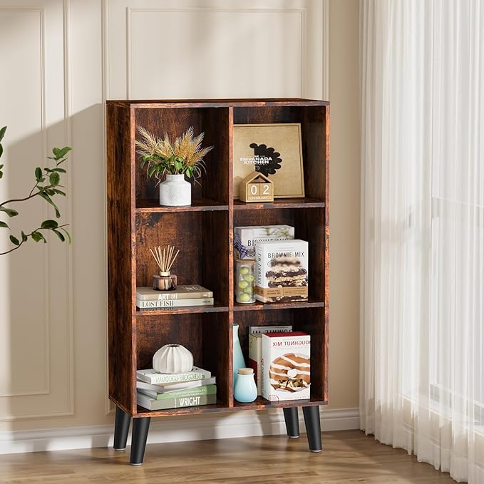 6 Cube Storage Organizer with Legs, 3 Tier Cube Low Bookcase Freestanding Storage Display Organizer for Home Office, Six-Cubes Open Shelf Bookshelf (Retro Brown, 6 Cube Vertical)