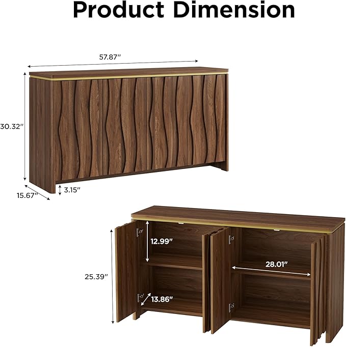 Vabches Fluted Buffet Cabinet with Storage, 3D Ripple Pattern Doors and Curved Edges, Modern Sideboard for Kitchen, Entryway, 4 Doors & Adjustable Shelf, Walnut Wood, 57.9" W