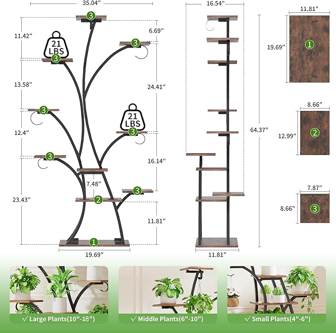 Plant Stand Indoor with Grow Lights - Lighted Plant Shelf Indoor, 64" Tall Corner Plant Stands for Indoor Growing, 10 Tier Flower Display Shelf, Large Tree-Shaped Holder for Home, Living Room, Black