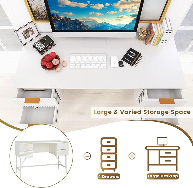 Tangkula White Desk with 4 Drawers, 48 Inch Home Office Desk with Storage, Modern Computer Desk Study Writing Desk with Metal Frame for Bedroom, Study, Office