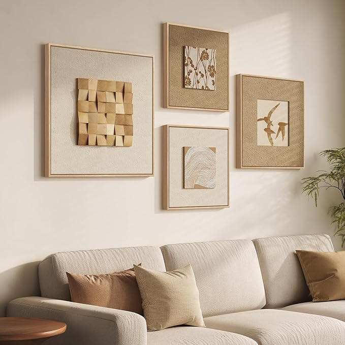 Large Framed 3D Neutral Wood Wall Art for Living Room, 4 Piece Textured Minimalist Abstract Paintings Artwork for Walls, Beige Brown Wooden Wall Decor for Hallway, Dining Room, Office