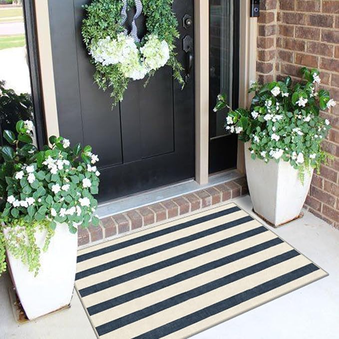 Blue and White Striped Outdoor Rug - 2x3 Non-Slip Front Door Mat Outside Entrance Washable Doormat Indoor Outdoor Entry Rug Small Layered Rugs for Entryway Kitchen Front Porch Decor