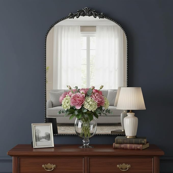 ZIYOO Vintage Baroque Arched Wall Mirror 36"x24", Black Ornate Antique French Traditional Decor Mirror for Entryway Living Room Fireplace (Black Metal,36" x 24")