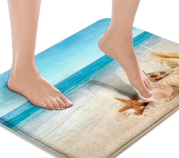 Britimes Bath Mat for Bathroom, Blue Beach Starfish Sea Washable Cover Floor Rug Carpets Floor Mat Bathroom Decorations 16x24 Inches for Kitchen Bedroom Indoor