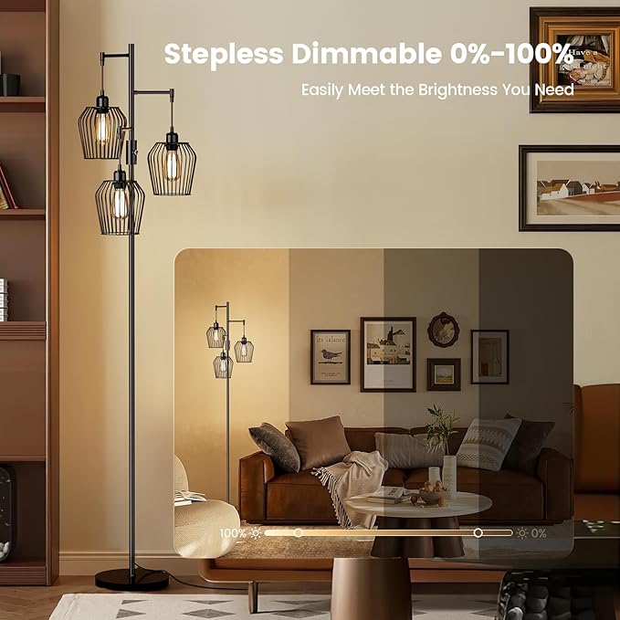 SIBRILLE Dimmable Floor Lamp, Farmhouse Industrial Floor Lamp with Elegant Cage & 3 x 1000LM LED Bulbs, Tall Standing Lamp Black Tree Floor Lamps for Living Room Bedroom Office