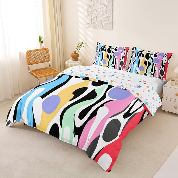 Erosebridal Organic Abstract Duvet Cover Set Modern Contemporary Twin Bedding Sets for Girls Child Boys Boho Mid Century Wavy Lines Comforter Cover Retro Geometric Bed Set,Rainbow Purple