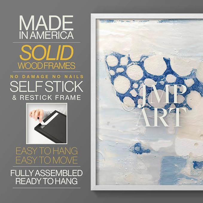 Renditions Gallery Set of 2 Peel & Stick Framed Prints, Textured Abstract Wall Art, White Blue Bubble Like Pattern Wall Decor, Re-Stickable - Ready to Hang - 22"x28" - White Frame LT588