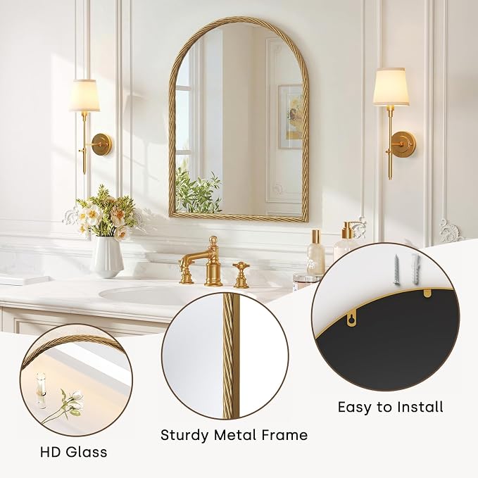 Uniclinens Vintage Arched Mirror Decor - Large Antique Gold Mirror Decor with Twisted Rope Metal Frame,Antique Mirror for Fireplace, Living Room, Hallway, Bathroom,Entryway, 24"X36"