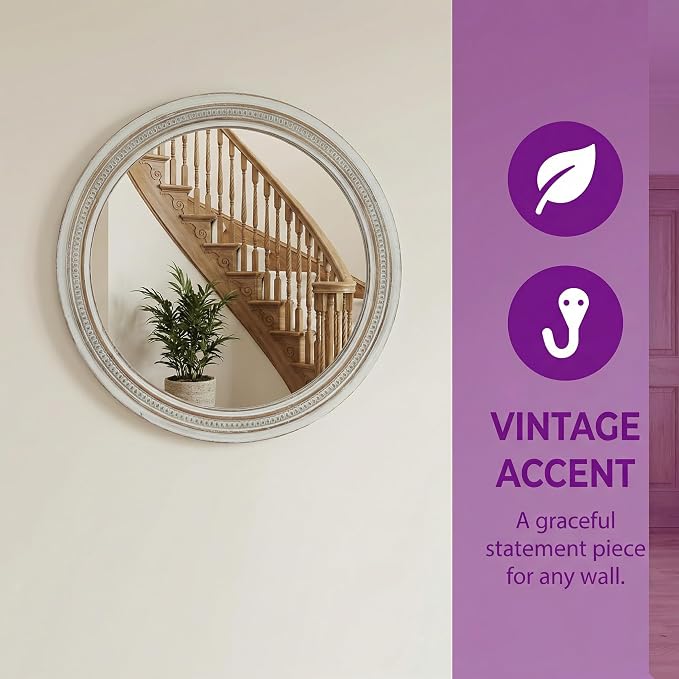 23.62'' Vintage Round Wall Mirror with Ornate Beaded Trim Frame & Pre-Installed Hanging, Decorative Mirror with Large Reflective Surface for Bathroom Bedroom Living Room, Natural