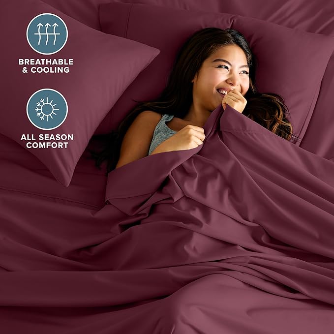 Bare Home Split Head Flex King Sheet Set - 1800 Ultra-Soft Microfiber Bed Sheets - Double Brushed - Deep Pockets - Easy Fit - 4 Piece Set - Bedding Sheets & Pillowcases (Burgundy)