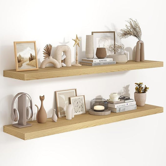 55"W x 9.3"D Floating Shelves for Wall, Wall Mounted Bathroom Shelves 2 Pack Deep Floating Shelf for Bedroom Kitchen Living Room, Rustic Wooden Wall Shelf with Invisible Bracket for Books Decor