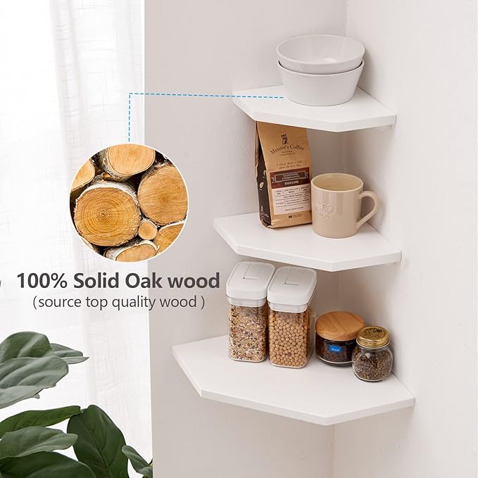 Corner Floating Shelves, White Corner Wall Shelf Set of 2, Solid Oak Wood Floating Shelves Wall Mount Shelf with Wire Hole Small Plant Display for Kitchen Living Room Bedroom