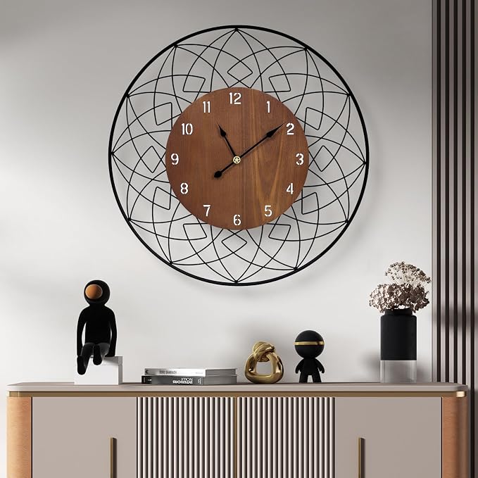 22 Inch Wood Wall Clocks, Silent Non Ticking Battery Operated Rustic Round Modern Decorative Clock for Living Room, Bedroom, Kitchen, Farmhouse, Office, Home Decor