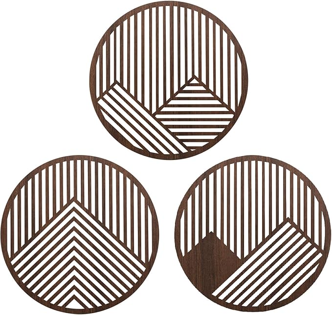 pechpell 3 Piece Round Wood Mountains Wall Art, 11.8" Circle Wooden Geometric Wall Decor, Rustic Nature Mountain Line Artwork for Living Room Bedroom Office Farmhouse Home Decorations