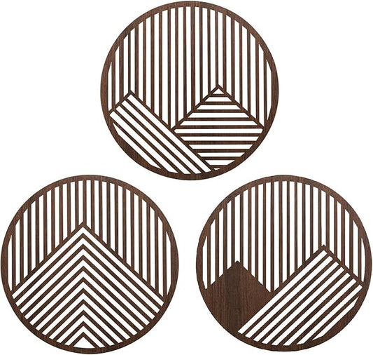 pechpell 3 Piece Round Wood Mountains Wall Art, 11.8" Circle Wooden Geometric Wall Decor, Rustic Nature Mountain Line Artwork for Living Room Bedroom Office Farmhouse Home Decorations
