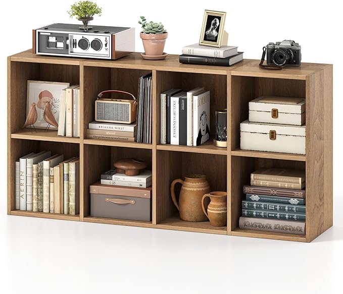 Tangkula 8-Cube Bookcase, Large Floor Standing Horizontal Bookshelf with 8 Open Shelves & 2 Anti-Tipping Kits, Home Office Wooden Storage Book Shelf for Living Room, Study (Natural, 8-Cube)