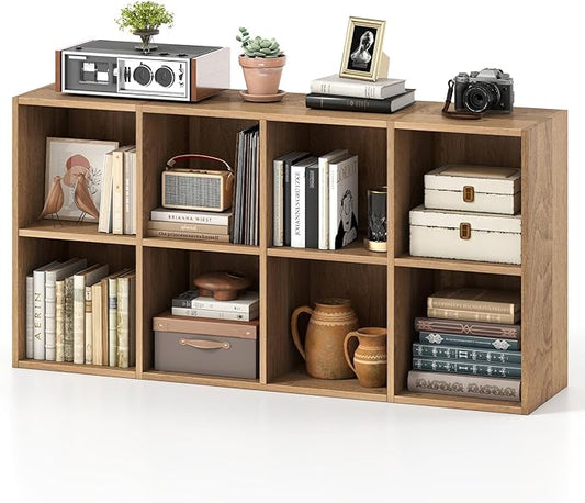 Tangkula 8-Cube Bookcase, Large Floor Standing Horizontal Bookshelf with 8 Open Shelves & 2 Anti-Tipping Kits, Home Office Wooden Storage Book Shelf for Living Room, Study (Natural, 8-Cube)