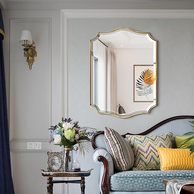 POZINO Gold Bathroom Vanity Mirror, 22"x30" Modern Brushed Mirrors for Over Sink, Unique Rectangle Beveled Mirror for Wall, Brass Scalloped Mirrors for Living Room Bedroom Entryway Fireplace