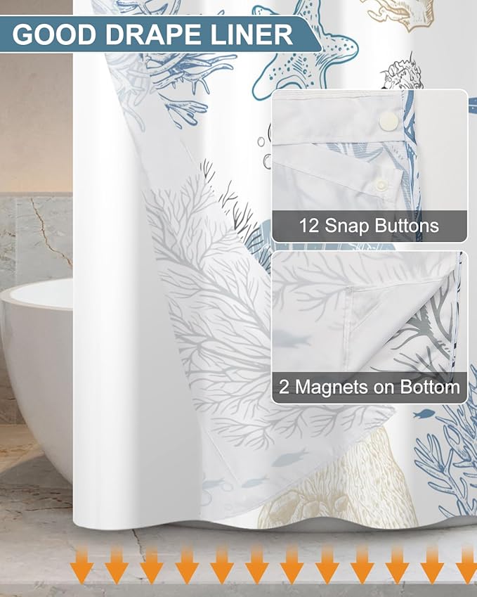 No Hook Shower Curtain with Snap in Liner Set - Sea Seashells, Starfish & Coral Print Shower Curtains for Coastal Nautical Ocean Bathroom, Waterproof Bath Curtain with Mesh Top, 71x74 Inch