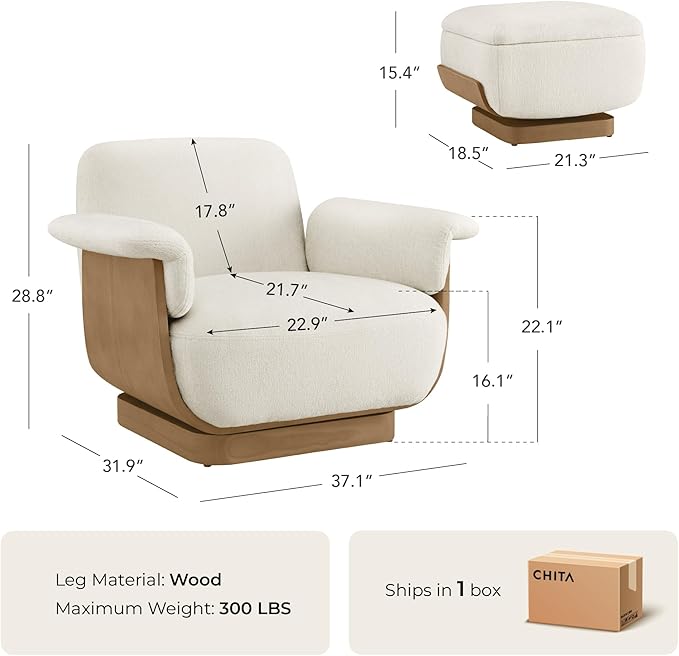 CHITA Fabric Reclining Swivel Chair with Storage Ottoman, Modern Living Room Accent Chair with Lounge Seat for Bedroom, Office, Cream