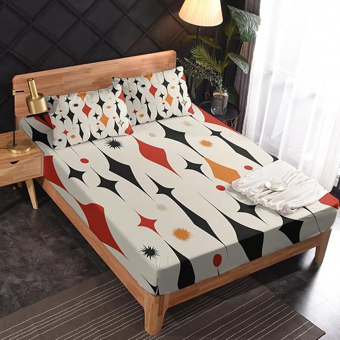 Mid-Century Modern Bed Sheets Twin Size, Starburst Abstract Sheet Set, Soft Microfiber Deep Pocket Wrinkle Free Fitted Sheet & Flat Sheet & Pillowcase Sets, Retro Geometric Bedding Sheets - 3 Piece