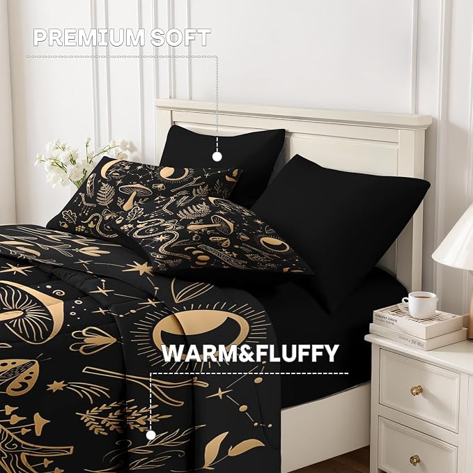 Nesker Comforter Set King Size, Golden Mushroom Moon 7 Pcs Bedding for Kids and Adults, Moth Vintage Gold Bed Sheet Sets with Fitted Sheet 2 Pillowcases & 2 Shams