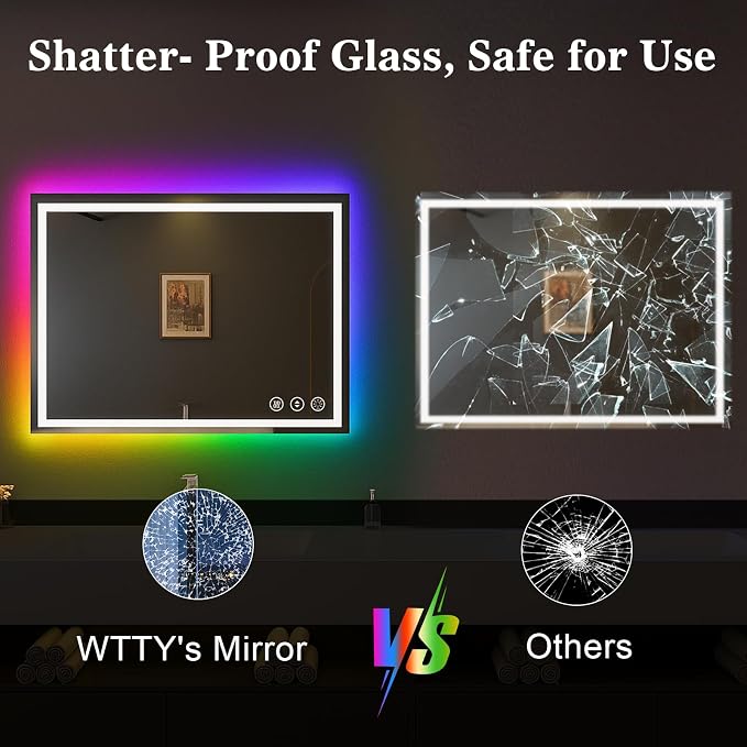 WTTY LED Bathroom Mirror 48"x36" with RGB Backlit and Front Light,Stepless Dimmable LED Mirror for Bathroom,Colored Lighted Bathroom Vanity Mirror,Anti-Fog,Memory Function,Shatter-Proof