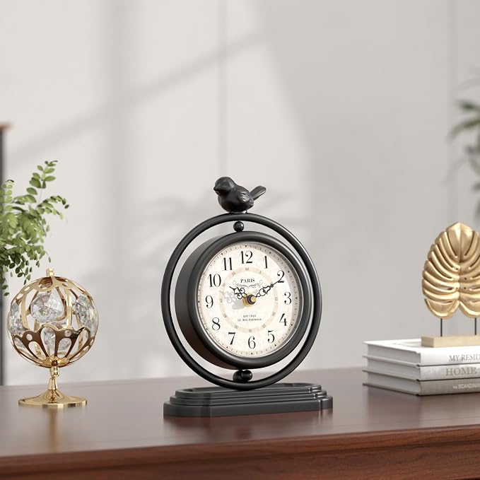 Black Vintage Table Clock with Bird, European Retro Style Mantel Clocks, Desk and Shelf Decor Clock, for Living Room, Farmhouse, Bedside, Bedroom, Gift (7.9" H x 6.3" W)