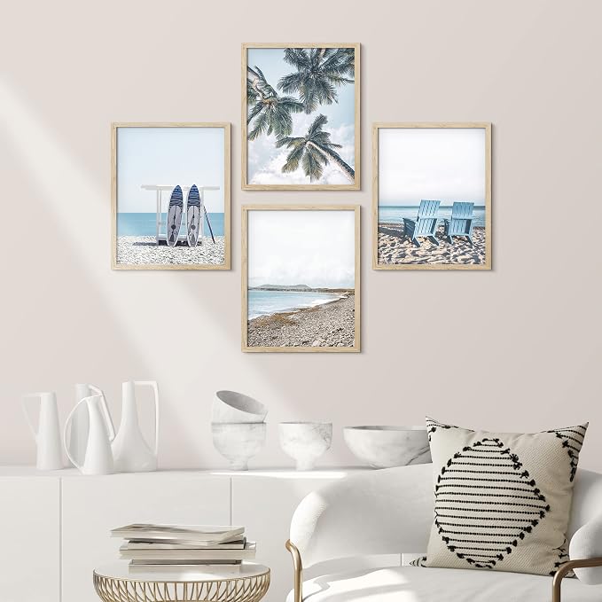 SIGNWIN Framed White Surfboard Tropical Palm Tree Beach Shore Wall Art, Set of 4 Landscape Colorful Wall Decor Prints, Nature Wilderness Wall Décor for Living Room, Bedroom - 8"x10" Natural
