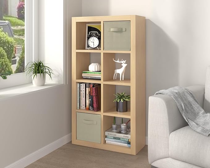 furtble Bookshelf with Storage Bins, 8-Cube Storage Organizer, Modern Wood Open Bookcase, Multifunctional Display Shelf for Living Room, Bedroom, Home Office, Oak