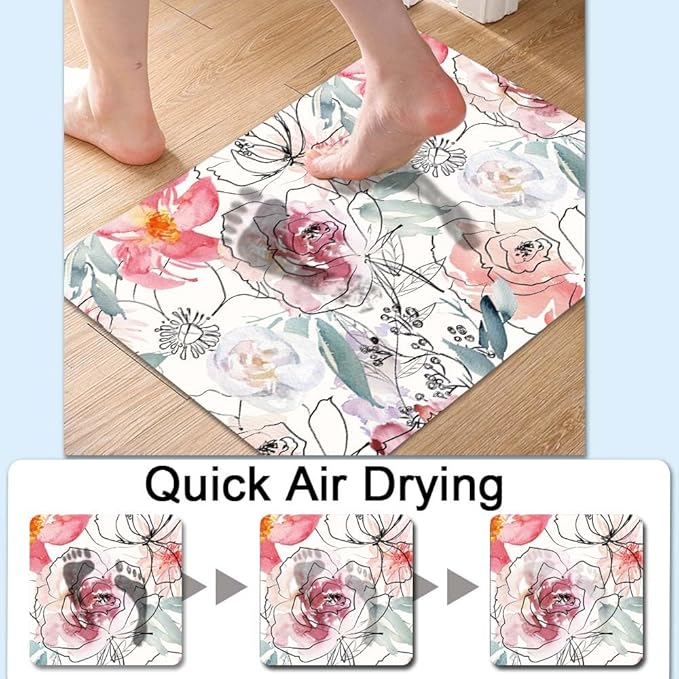Bath Mat Rug,Pink Watercolor Peonies Non Slip Quick Dry Super Absorbent Thin Bathroom Rugs Fit Under Door-Easy to Clean Bathroom Floor Mats-Shower Rug for Shower Sink Bathtub(16" x 24"in)