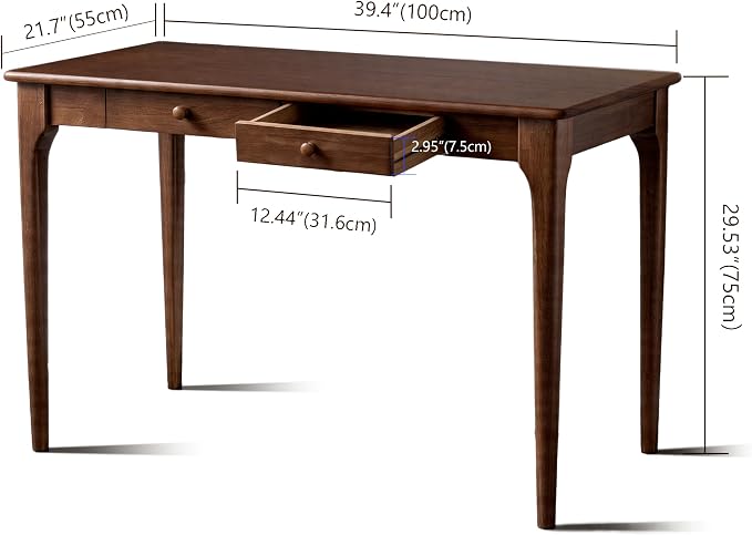 40" Walnut Solid Wood Desk with Drawers,Mid Century Modern Natural Real Wood Writing Desk,Home Bedroom Small Spaces Computer Office Workstation Desks