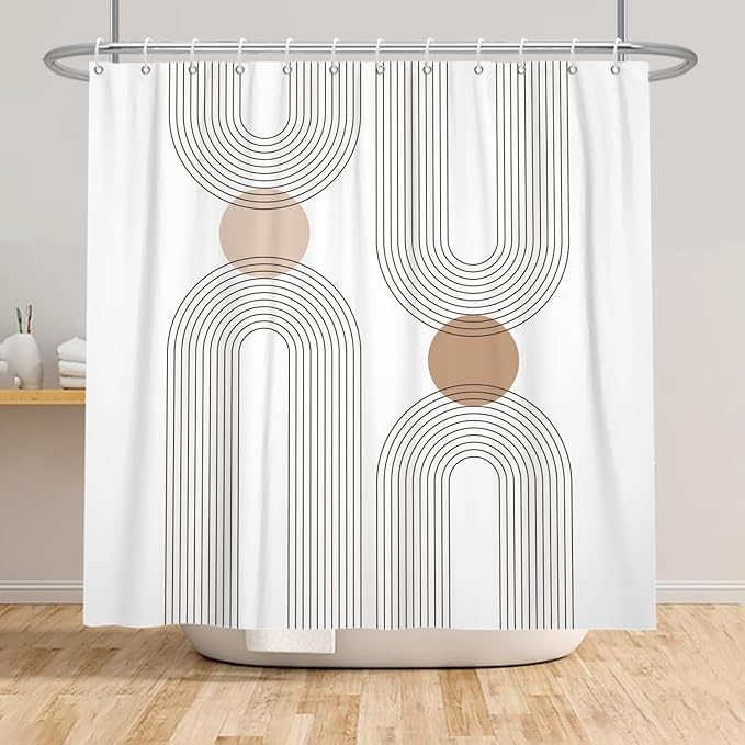 Mid Century Shower Curtain for Bathroom, Boho Sun Rainbow Modern Minimalist Geometric Shower Curtain, Abstract Arch Lines Modern Aesthetic Bathroom Decor Curtain Sets 72x84 inch