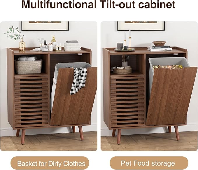 FiveWillowise Storage Cabinet with slatted Door, Tilt Out Trash Can Cabinet for 10 Gallon Wooden Dog-Proof Recycling Bin with Hidden Laundry Basket for Kitchen Island and Dining Room, Walnut
