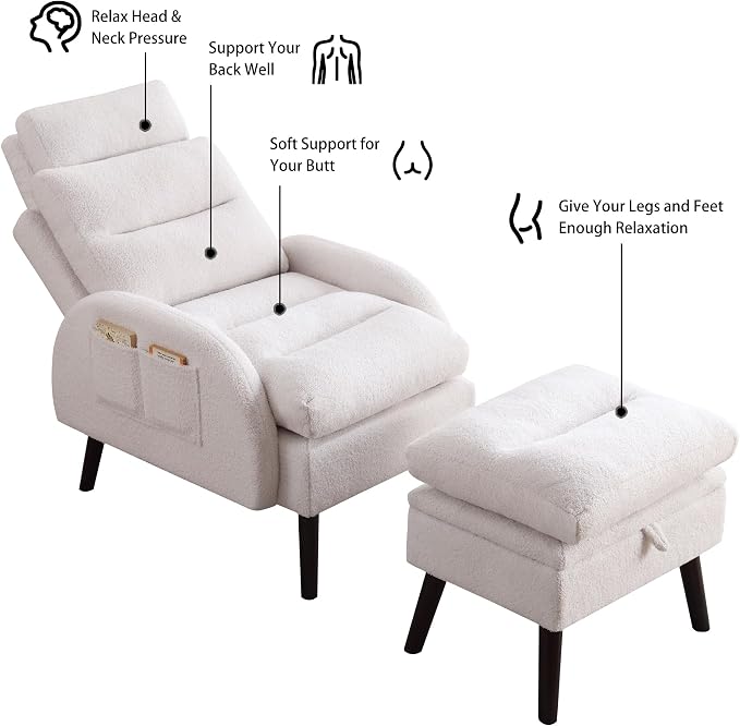 HCHAIRH Accent Chair with Ottoman Set, Comfy Reading Chair and Ottoman, Modern Oversized Lounge Armchair with Adjustable Backrest for Living Room Bedroom, Teddy White