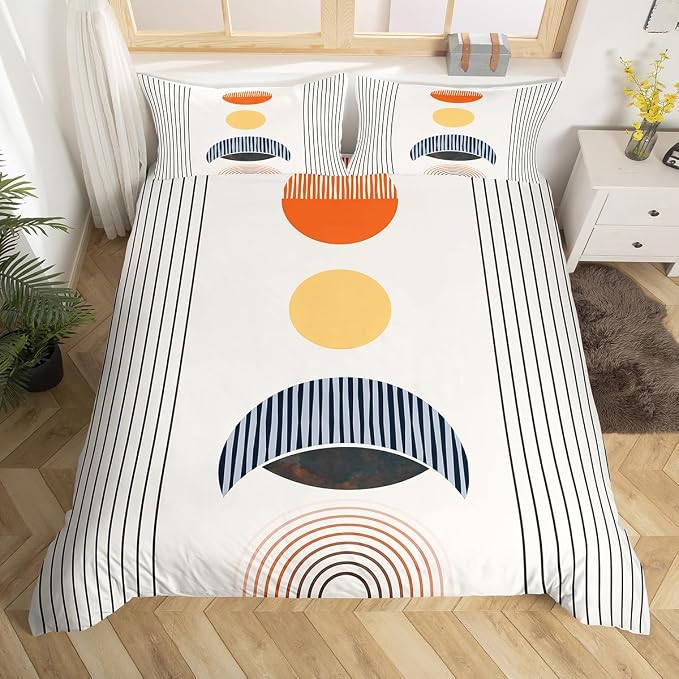 Erosebridal Modern Moon Print Duvet Cover King Mid Century Bedding Set, Abstract Art Comforter Cover Geometric Stripe Bed Set, Aesthetic Bedding (Zipper Closure)