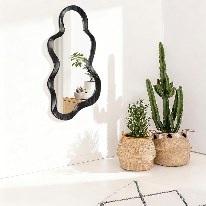 Asymmetrical Mirror Irregular Wall Mirror Modern Wood Frame Unique Mirrors Cute and Stylish Cloud Wavy Mirrors Decorative for Cloakroom Bedroom Living Room Bathroom Entryway 30"x14"
