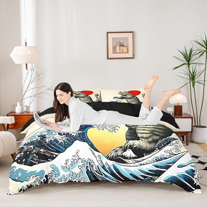 Erosebridal Funny Japanese Cat Duvet Cover Twin Japanese Ukiyo-E Cat Bedding Set Kawaii Animal Comforter Cover for Kids Girls Boys Adults Sunset Ocean Sea Waves Bed Set