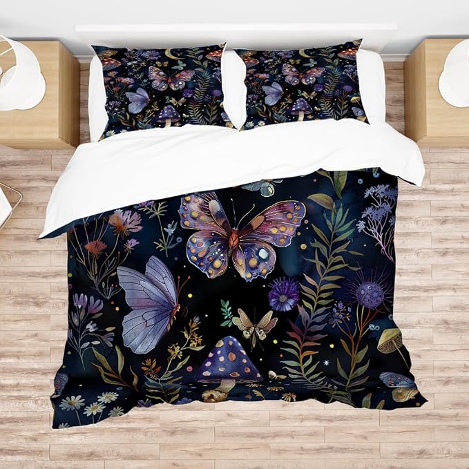 3PCS Celestial Witch Garden Duvet Cover Twin Size Dark Floral Butterfly Comforter Covers,Boho Aesthetic Celestial Witchy Mystic Gothic Wildflower Plant Botanical Black Bedding Sets 68"x88"