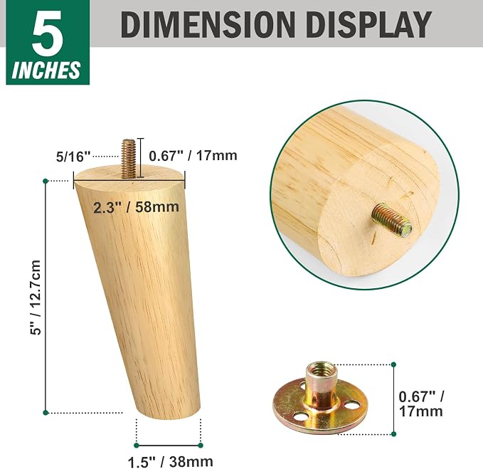 FoDau770 Rubber Wood Furniture Legs 5 Inches, 5/16" UNC Slant Tapered Wood Feet Mid Century Sofa Legs, Wooden Furniture Feet Replacement Parts for Cabinet Couch Dresser Chair Ottoman Table